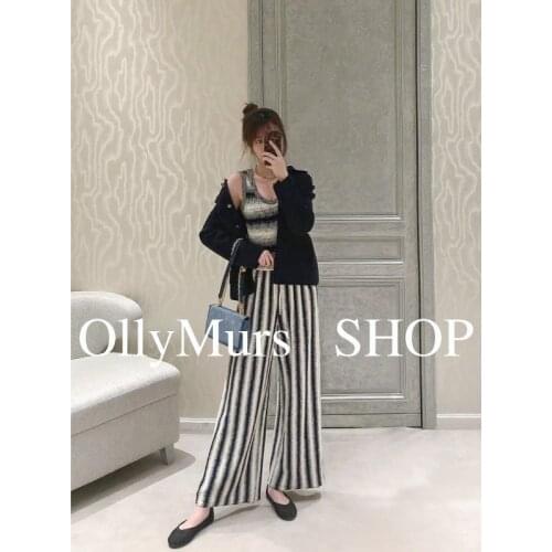 2021 spring summer striped knitted trousers casual pants stretch waistline was thin and comfortable high-quality womens pants