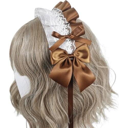 Y1QD Lolita Sweet Headband Contrast Color Ruffled Lace Ribbon Bow Hairband Hairpins