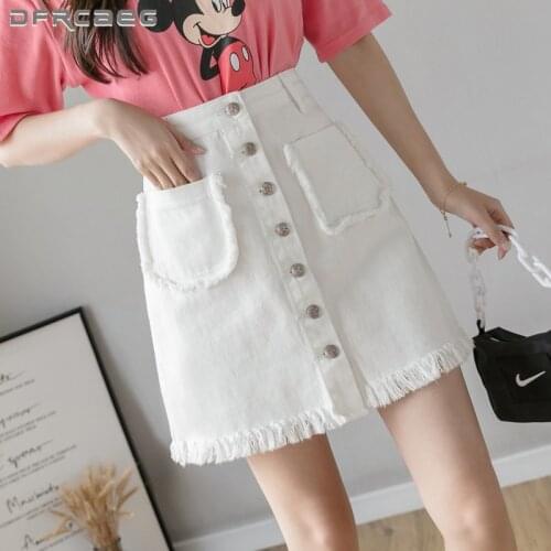 White Vintage Womens Short Denim Pencil Skirt With Tassel 2021 High Waist Single-Breasted Summer Jeans A-Line Skirts Femme