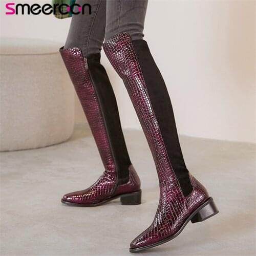 Smeeroon 2021 Newest Knee High Boots Women Stone Pattern +Flock Mixed Colors Autumn Winter Casual Shoes Woman Riding Boots