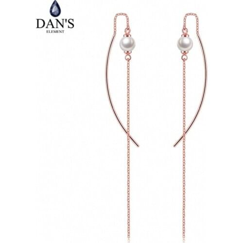 DANS ELEMENT Drop Earrings For Women Simple Single Line Tassel Imitation Pearl Rose Gold Color earring Fashion Jewelry DEKC153