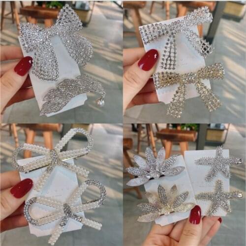 Women Pearl bow headdress hairpins full of diamonds girl side clip