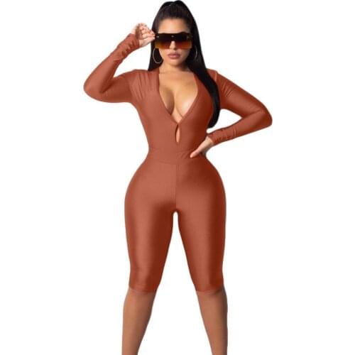 2020 Autumn Long Sleeve Bodycon Jumpsuit Short Playsuit Romper Women Sexy Plunge Deep V Neck One Piece Jumpsuit Macacao Feminino