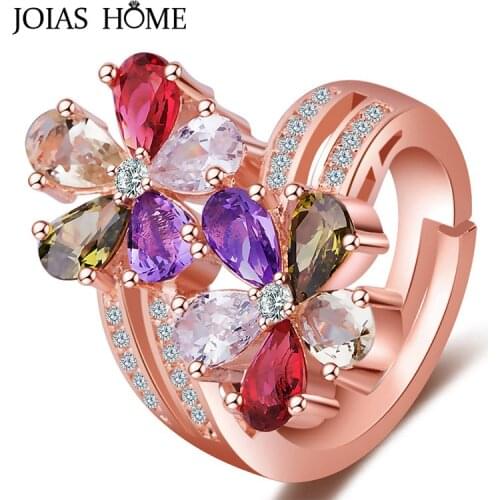 JoiasHome 925 sterling silver ring Korean rose gold with two colorful flowers female silver jewelry engagement ladies gift