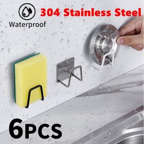 1/6 PCS Kitchen Accessories 304Stainless Steel Sponges Holder Self Adhesive Drain Drying Rack Wall-Mounted Kitchen storage Hooks