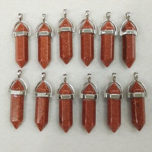 2018 Popular gold sand stone bullet shape charms point Chakra pendants for jewelry making 12pcs/lot Wholesale free shipping