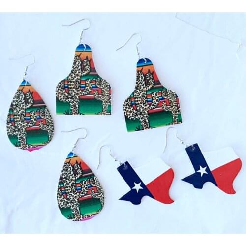 3pairs Western Style Sunflower Glitter Earrings for Women Oil Painting Cow Tag Bull Head Texas Leather Dangle Earrings Vintage