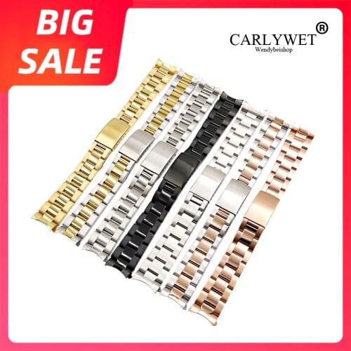 CARLYWET 13 17 19 20mm Top Quality Watch Band Stainless Steel Silver Black Vintage Oyster Bracelet For Rolex Datejust Submariner