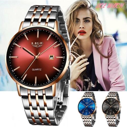 LIGE Fashion Women Watch Top Brand Luxury Ladies Steel Belt Ultra-thin Watch Stainless Steel Waterproof Quartz Watch Reloj Mujer