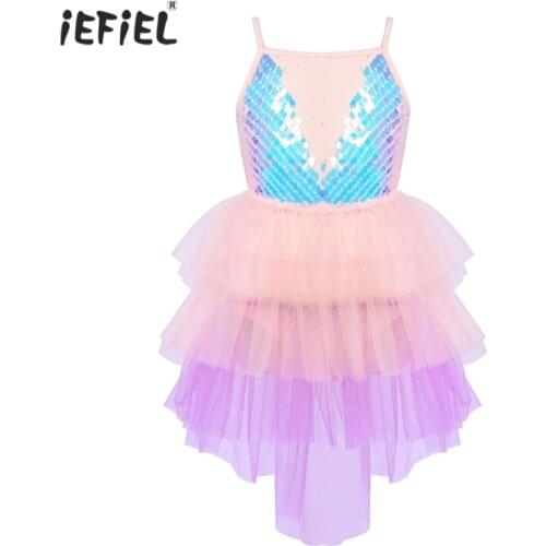 Kid Dress For Girl Sparkly Sequins Tiered Mesh Princess Dress Dance Wear Ballet Dance Gymnastics Leotard Girls Tutu Dress