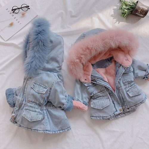 Boutique 2020 Winter Baby Girl Denim Jacket Plus Velvet Real Fur Warm Toddler Girl Outerwear Coat 4 Years Kids Infant Girl Parka