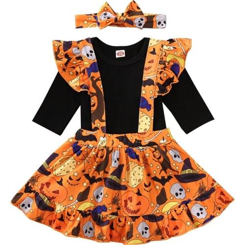 FOCUSNORM Halloween Newborn Baby Girl Clothes Sets Long Sleeve Ruffles Romper Tops Skull Print Suspender Skirt Headband 3PCS
