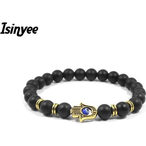ISINYEE Fashion turkish eye hamsa elastic Lava Mala Beads Bracelets For Women Handmade Jewelry Pulseras Mujer Hand Of Fatima