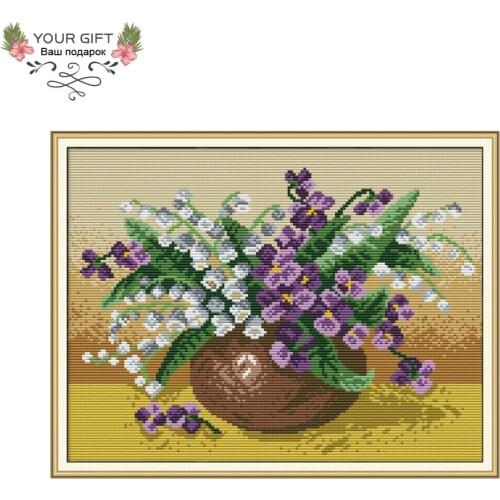 Joy Sunday H788 14CT 11CT Stamped and Counted Lily Of The Valley Vase Flower Cross Stitch Home Decoration