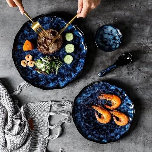 KINGLANG Japanese Retro Ceramic Dinner Plate Single Dinnerware Salad Food Dish Blue Color Noodle Ramen Soup Bowl