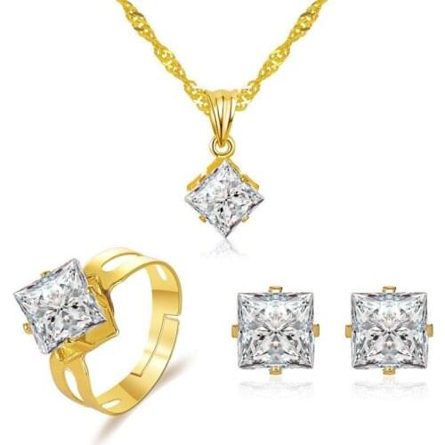 3PCs New Crystal Jewelry Set Temperament Square Zircon Rings Necklace Earrings Trendy Dinner Dress Party Jewelry Accessories