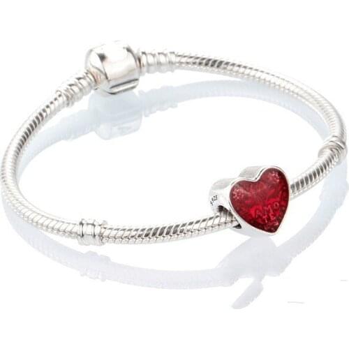 Red Love Heart Charm 925 Sterling Silver Charm Pan Bracelet For Valentines DIY Jewelry