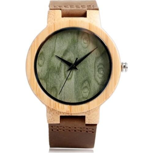 Cool Creative Bambood Wooden Wristwatch Blue Analog Dial Quartz Watch Handmade Genuine Leather Watches For Men Women Gift