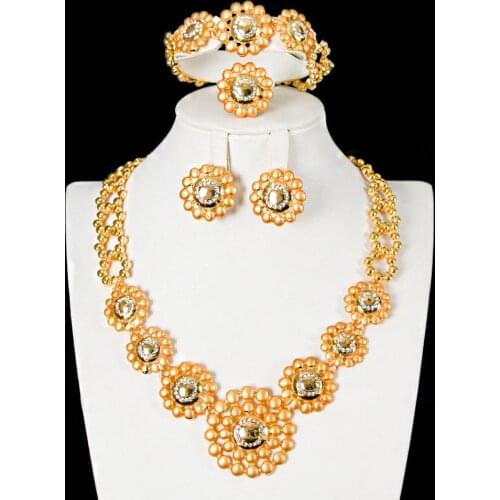 LAN PALACE new dubai jewelry Rhinestone gold color earrings necklace ring bracelet 4PCS for party wedding Free shipping