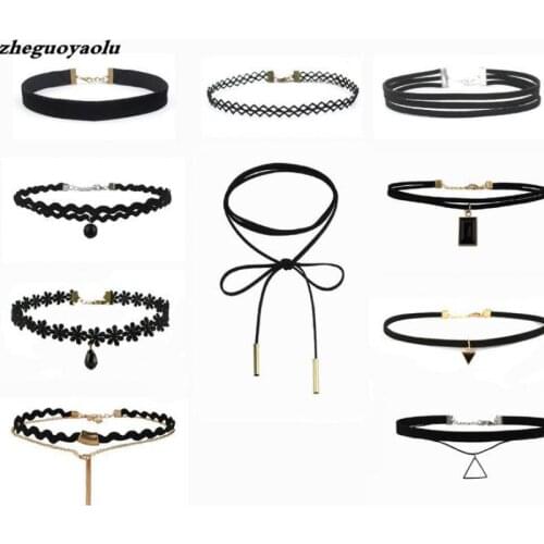 Best Offer New Fashion 10 Pieces Women Black Rope Choker Necklace Set Velvet Stretch Classic Gothic Lace Choker Chain 1 Set