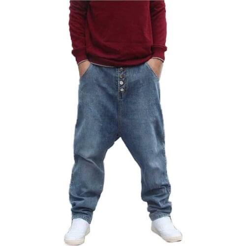 Trendy Loose Baggy Harem Jeans Men Casual Streetwear Hip Hop Denim Pants Low Crotch Front Button Blue Trousers Joggers Clothing