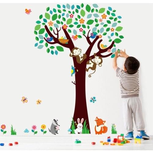 Cartoon Forest Animal Monkeys Rabbit Birds Tree Wall Stickers For Kids Rooms Butterfly Nursery Home Decor Bedroom Poster Mural