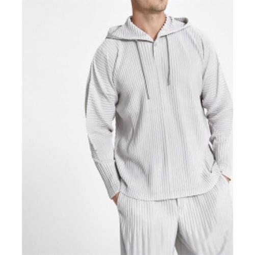 Miyake-Mens drawstring button pleated top, loose fashion and comfortable casual hooded pullover for men