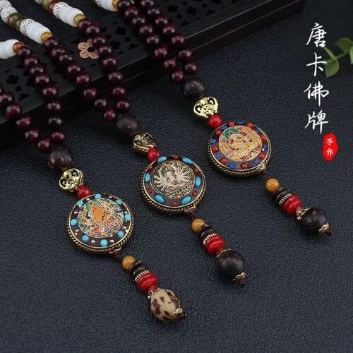 National Style Nepal Thangka Peace God of Wealth Pendant Wooden Bead Necklace Buddha Bead Long Sweater Accessories Exotic Style