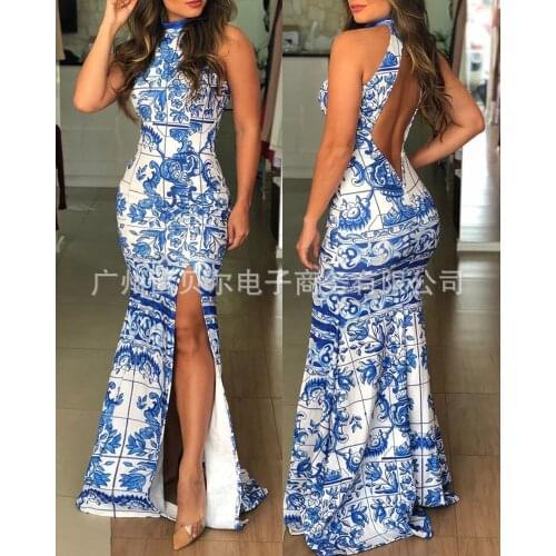 New blue printed halter split dress woman dress sexy dress women