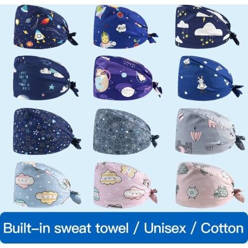 Wholesale new Breathable High Quality cartoon printing Elastic Scrub hat pet shop work hat beauty salon unisex Tieback Scrub Cap