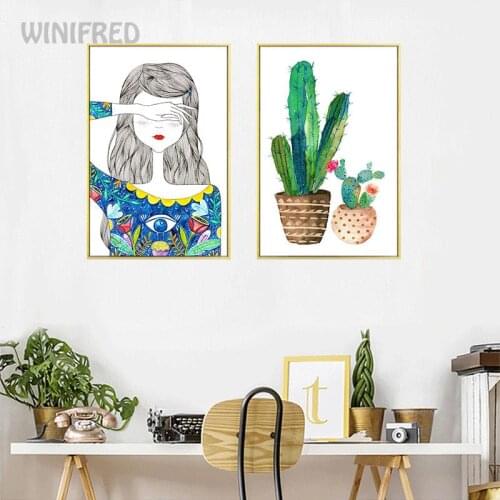 Plant Cactus Girl Poster Small Fresh Canvas Painting Print Wall Art Wall Picture For Living Room Nordic Decoration Home Decor