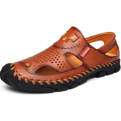 Summer Hollow Men Leather Sandals Outdoor Hiking Sandals for Men Luxury Mens Beach Sandals Hand Sewing Leather Shoes Man