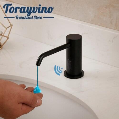 Sensor Soap Dispenser Kitchen & Bathroom Black Painting Thin Spray Soap Lquid Brass Deck Mounted Metal Torayvino