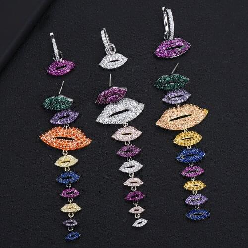 Soramoore Exquisite Full Micro Cubic Zirconia Paved Lips Asymmetrical Pendant Earring Fashion Jewelry for Women Accessories