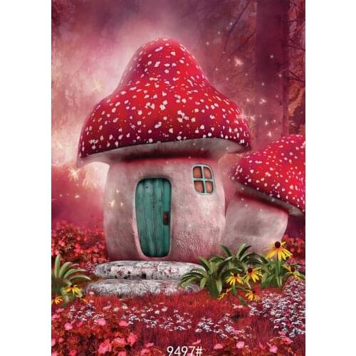 Fairy Tale Mushroom House Sun Flowers Vinyl Photography Backdrops for Studio Portrait Child Baby Shower Party Play Photo Shoot
