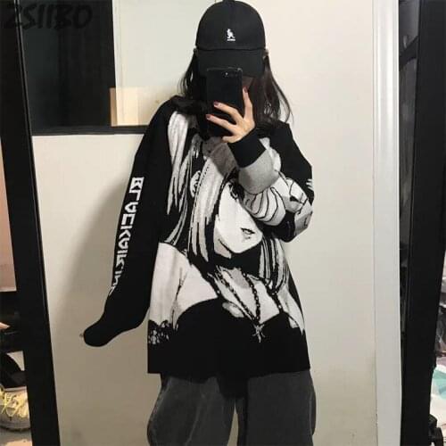 Vintage Females HipHop Sweater Unisex Harajuku Streetwear Retro Japanese Style Anime Autumn Knitted Sweater Cotton Pullover Top