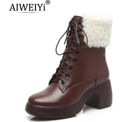 AIWEIYi Snow Boots Plus Velvet Warm Ankle Boots Cow Leather High Heels Knight Boots Female Lace Up Martin Boots