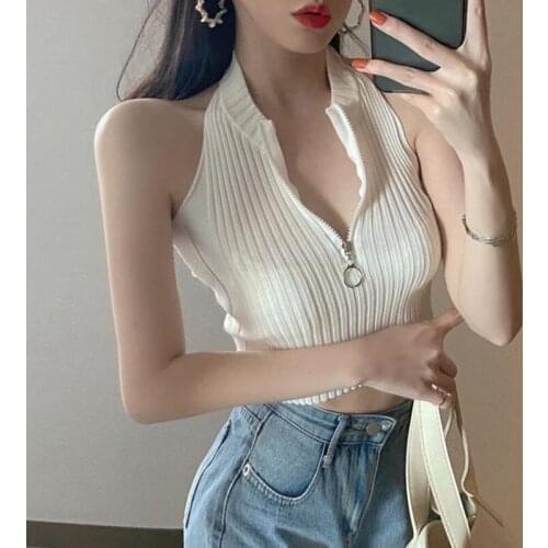 High Street Summer Women Hanging Neck Knitted Cami Tops Beach Wear Sleeveless Short Camisole with Zipped