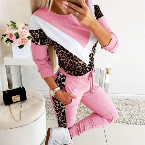 Women New spring sequins Tracksuit set Autumn Drawstring Two-piece Jogging pants+ Sweatshirt Lady Leopard patchwork Winter Suits