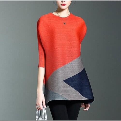 SuperAen New Temperament Round Collar Seven-sleeve Folds Loose Big Size Hit Color Print Dress Girl