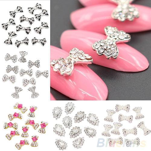 10Pcs 3D Glitters Rhinestone Alloy Bowknot DIY Decal Nail Art Tips Stickers Nail Art & Tools