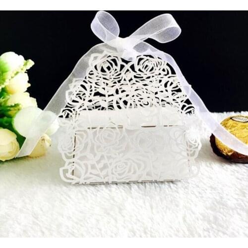 100pcs Rose Flower Silver Glitter Laser Cut Candy Box Carriage Gift Bag Favor Box With Ribbon Baby Shower Wedding Party Supplies