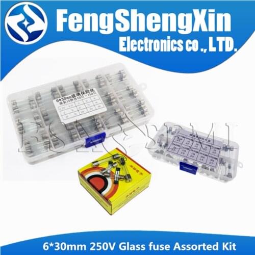 15values*10pcs=150pcs 10values*5pcs 6*30mm 250V Glass fuse Assorted Kit + BOX 6x30 0.25A 0.5A 1A 2A 3A 4A 5A 6A 7A 8A 10A 15A