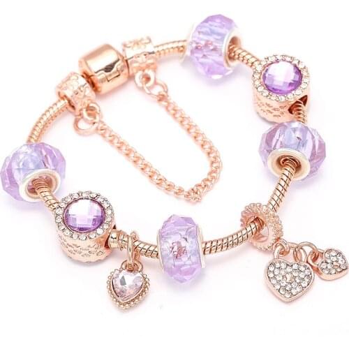 BAOPON Purple Crystal Beads Charm Bracelets With Heart Pendant Snake Chain Fine Bracelets For Women Jewelry Gift Dropshipping
