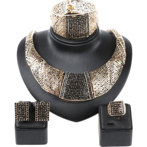 Nigeria Exaggerated Big Necklace Crystal Pendant Earrings Charm Bride Bangle Earrings Ring for Women Party Gift Jewelry Sets