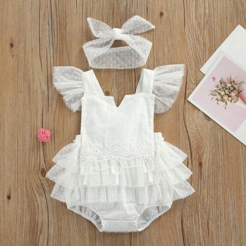 Summer Infant 2Pcs Baby Girls Outfit Creative Dot Pattern Ruffle Lace Splicing Fly Sleeve Backless Bodysuit Bow Headwear