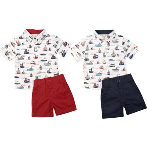 2020 Baby Boy Kids Gentleman Sailboat Short Sleeve Shirt+Shorts Pants 2pcs Wedding Party Summer Set