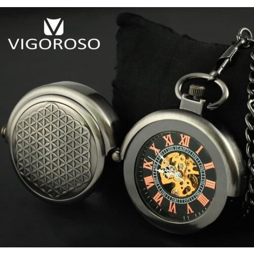 VIGOROSO Grey Steel Special Designer Steel Hide Carved Mechanical Pocket Watch Steampunk Hand-winding Vintage FOB&Pocket Watches