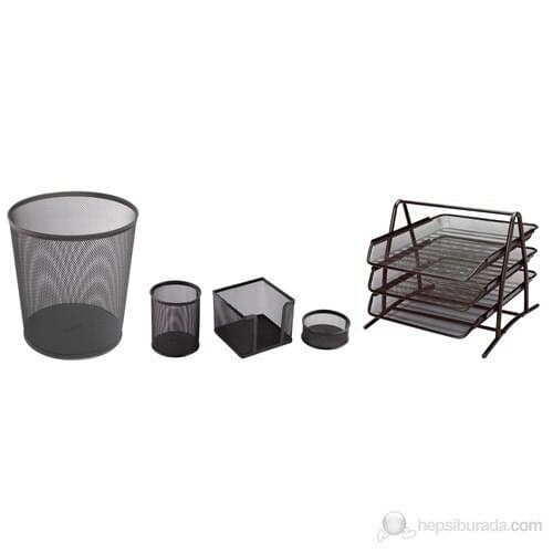 3A Metal Office Set 5'li Black (Letter Shelf 3'lü + Garbage Bucket + Pen Holder + Küpnotluk + Ataşlık)