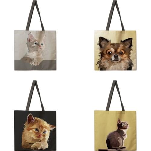 Animal portrait tote bag reusable beach bag linen fabric casual tote bag ladies one-shoulder foldable shopping bag